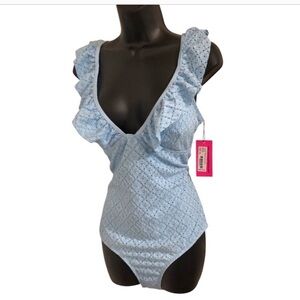 Betsey Johnson Clear sky blue 1piece Ruffle strap eyelet Swimsuit size large new